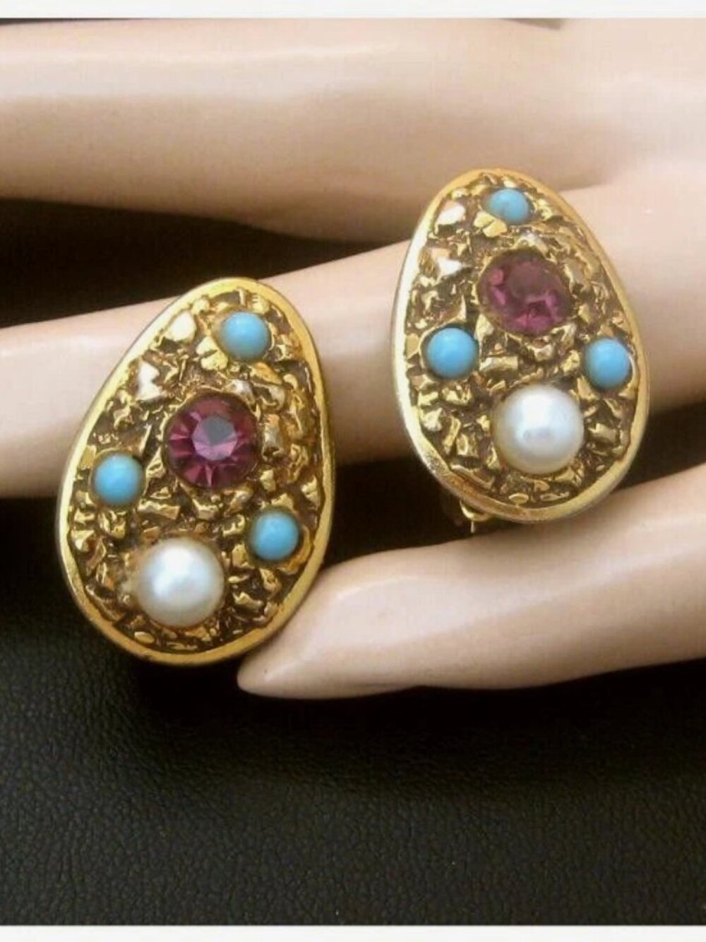 Vintage signed FLORENZA Earrings clips rhinestone & faux Pearl